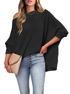 lot 1310 image: CCTOO Womens Long Sleeve TopsCasual Batwing Sleeves Tunic One Shoulder Boat Neck Blouses Crochet Mesh Pullover Waffle Knit Shirt174BlackMedium Retail $10.99