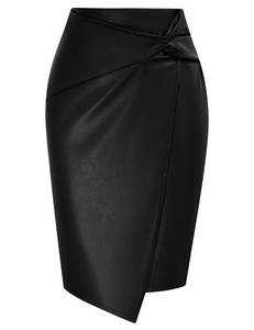 lot 1312 image: Kate Kasin Womens Business Casual Leather Pencil Skirt Zip-up Knee Length Side Wrap Knot High Waist Slim Skirts Black XL Retail $29.36