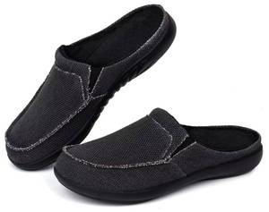lot 1313 image: Plantar Fasciitis Slippers for Men Arch Support Orthopedic Canvas Winter Orthotic Flat Feet Pain Relief Male Slip on House Shoes Home Bedroom Indoor Outdoor Non Slip Washable Light All Black Size 8 Retail $39.99