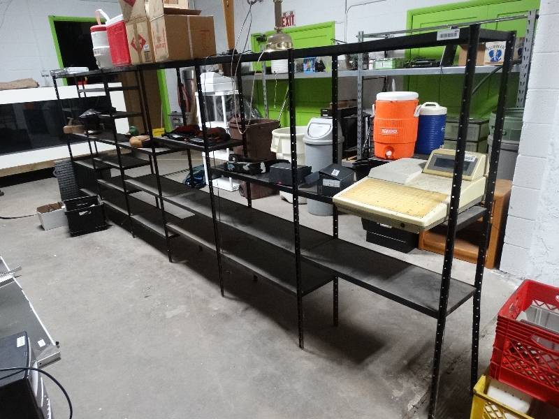 lot 405 image: Long 6 section metal shelving unit