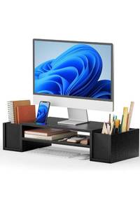 lot 32351 image: AMERIERGO Monitor Stand Desk Organization with DIY Storage Space, Monitor Riser Stand with Storage with 2 Slots & Phone Holder, Computer Stand 2 Tier for Home Office Use