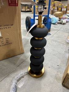 lot 32354 image: DecMode Metal Contemporary Drum Shaped with Oblong Shaped Accent Table Lamp 15 W x 28 H Matte Black and Metallic Gold Finished Body with White Linen Lampshade