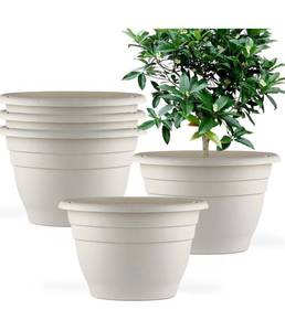 lot 32355 image: 8-Pack 10 inch Garden Pots, Round Flower Pots with Drainage Holes, Thick Sturdy Traditional Plastic Planters Indoor and Outdoor(White)