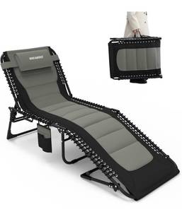 lot 32380 image: Oversized Padded Outdoor Folding Lounge Chair for Adults 440Ibs Patio Chaise Lounge Chair for Outside 5-Position Adjustable Reclining Beach Chair with Pillow Pocket