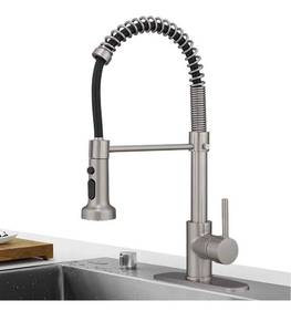 lot 32384 image: Hoimpro High Arc Brushed Nickel Spring Kitchen Faucet with Pull Down Sprayer, Rv Kitchen Sink Faucet with Black Pull Out Sprayer,3 Function Single Handle Laundry