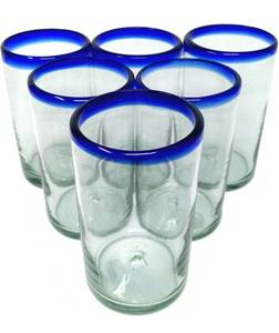 lot 32389 image: Dos Sue�os Hand Blown Mexican Drinking Glasses - Set of 5 Glasses with Cobalt Blue Rims (14 oz each)