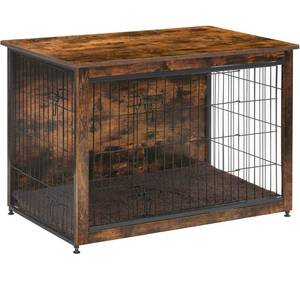 lot 32402 image: DWANTON Dog Crate Furniture with Cushion, Wooden Dog Crate Table, Double Doors Dog Furniture, Indoor Dog Kennel, Dog House, Dog Cage Medium, 32.5 L, Rustic Brown
