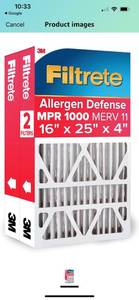 lot 32403 image: Filtrete 16x25x4, AC Furnace Air Filter, MPR 1000 DP, Micro Allergen Defense Deep Pleat, 2-Pack (actual dimensions 15.88 x 24.56 x 4.31)