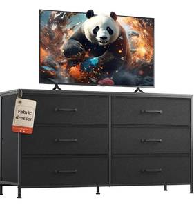 lot 32408 image: WLIVE Wide Fabric Dresser, 6 Drawer Dresser TV Stand for 60 TV, Dressers Bedroom Furniture Large Storage Tower Unit with Fabric Bins, Black Dresser for Bedroom, Closet, Hallway, Black