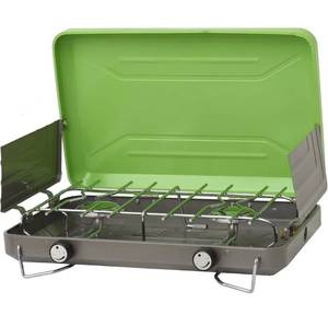 lot 32418 image: Flame King VT-101 2-Burner Portable Camping Stove Grill, Great for Outdoor Cooking, Backpacking, Compatible with 1LB Propane Gas Bottle