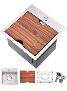 lot 32420 image: Bar Sink, 15 x 15 Inch Bar Sink Drop In, Stainless Steel Square Topmount Workstation Small Kitchen Sink��Single Bowl Kitchen Sink for Office Laundry Wet Bar Prep RV Outdoor Yard