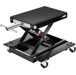 lot 32421 image: VIVOHOME 1100 Lbs Steel Wide Deck Motorcycle Lift ATV Scissor Lift Jack with Dolly and Hand Crank Bikes Garage Repair Hoist Stand Black
