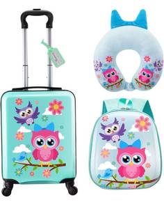 lot 32422 image: Sanwuta 3 Pcs Kids Luggage Set Kids Backpack Travel Rolling Suitcase with Wheels U-shape Pillow Christmas Gift for Girls Boys(17 Inch,Owl Style,Green)