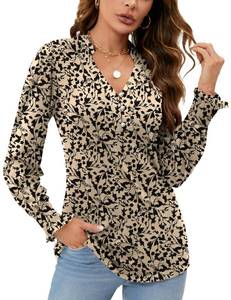 lot 28878 image: Rapbin V Neck Blouses for Women Dressy Casual Long Sleeve Womens Fall Fashion 2024 Trendy Tops Tunic Apricot Black Floral XXL
