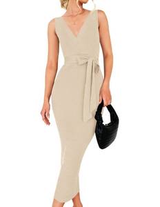 lot 28879 image: ZESICA Womens Summer Knitted Bodycon Midi Dress Elegant Wrap V Neck Sleeveless Tie Waist Sweater Dresses,Sand,X Large