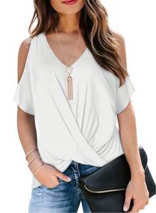 lot 28881 image: Summer White Cold Open Shoulder Tops for Women Sexy Casual V Neck Short Sleeve 2024 Trendy Ladies Cute Front Twist Knot Batwing Dolman Going Out Beach Vacation T Shirts Blouse Clothes M