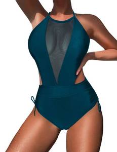 lot 28882 image: AIMAGE Women One Piece Mesh Swimsuit Vintage Swimming Suits Swimwear Tummy Control Monokini(Wine Red,Large