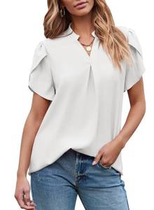 lot 28909 image: EVALESS Blouses for Women Dressy Casual Business Work Summer Tops 2024 Trendy Cute V Neck Petal Short Sleeve Shirts Outfits,White Small