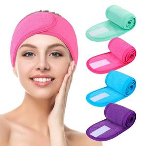 lot 28911 image: Facial Spa Headbands 4pcs, Makeup Shower Bath Wrap Sport Headband Terry Cloth Stretch Towel with Magic Tape (Blue, Mint Green, Purple, Rose)