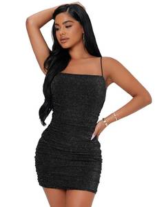 lot 28914 image: Floerns Womens Glitter Sleeveless Ruched Party Clubwear Bodycon Mini Dress Black Petite M