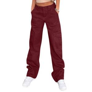 lot 28920 image: Women High Waisted Cargo Pants Wide Leg Casual Pants Combat Military Trousers Wine Red