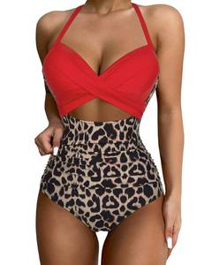 lot 28940 image: SUUKSESS Women Sexy Cutout One Piece Swimsuits Push Up High Waisted Monokini Bathing Suits (Red Leopard, XL)