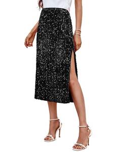 lot 28946 image: Wenrine Womens Sequin Skirts Midi Sexy High Waisted Nightout Bodycon Party Slit Skirt Black L