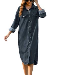 lot 28949 image: Zojuyozio Women Button Down Denim Midi Shirt Dress Long Sleeve Jean Dress with Pockets Navy M