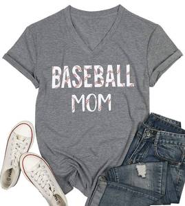 lot 28953 image: Baseball Mom T Shirt Women Letter Print Funny Baseball Graphic Tees Tops Short Sleeve Casual Tee Gray   2XL