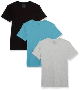 lot 28955 image: Hanes Mens Crew Undershirts, Moisture Wicking Stretch Cotton Tee, 3 Pack, Chambray Jade, Black, Concrete Heather M
