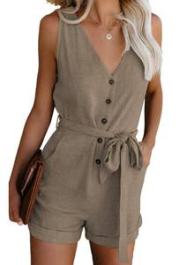 lot 28960 image: Acelitt Women Ladies Casual Fashion 2024 V Neck Sleeveless Button Down Belted Summer Short Jumpsuits Rompers for Women with Pockets Khaki Medium