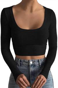 lot 28962 image: Black Long Sleeve Tops for Women Y2K Crop Tops Going Out Square Neck Underscrub Cute Tank Basic Shirts Ribbed Baby Tees Tshirt Skimss Dupes 2024 XS