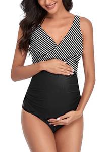 lot 28965 image: SUMMERSUNSHINE Maternity One Piece Swimwear Front Cross Pregnancy Swimsuit Bathing Suit Maternity Bikini Black Stripes M
