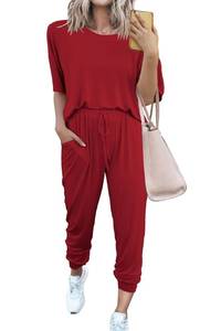 lot 28966 image: PRETTYGARDEN Womens Two Piece Outfit Short Sleeve Pullover with Drawstring Long Pants Tracksuit Jogger Set (Red,X Large)