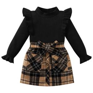 lot 28983 image: Weixinbuy Kids Toddler Girl Clothes Long Sleeve Knitted Sweater Top Plaid Mini Skirts 2Pcs Clothes Set Girls Fall Winter Outfit Black 6 7 years
