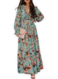 lot 28987 image: BLENCOT Womens Casual Boho Floral Printed Deep V Neck Loose Long Sleeve Long Evening Dress Ruched Cocktail Party Maxi Wedding Dress Green Medium