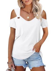 lot 28989 image: Minetom Womens Cold Shoulder Tops Short Sleeve V Neck T Shirts Basic Summer Tees B White M