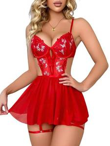 lot 28991 image: WDIRARA Womens Floral Embroidery Mesh Split Cut Out Babydoll Lingerie Slip Dress Red Large