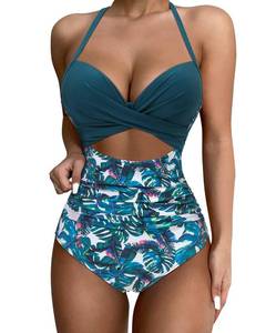 lot 28999 image: SUUKSESS Women Sexy Cutout One Piece Swimsuits Push Up High Waisted Monokini Bathing Suits (Blue Floral, M)