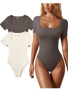 lot 29002 image: OQQ Womens 2 Piece Bodysuits Sexy Ribbed One Piece Square Neck Short Sleeve Bodysuits Tea leaf Beige L