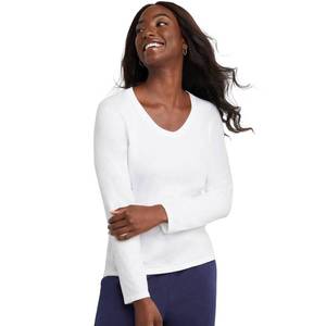 lot 29003 image: Hanes Comfortblend Womens Originals Long Sleeve Cotton T Shirt, Lightweight V Neck Tee, Modern Fit, White, Medium