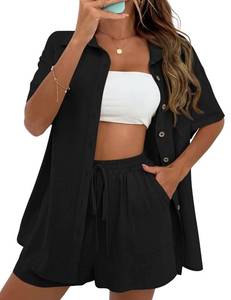 lot 29005 image: SeekMe Linen Short Sets for Women Short Sleeve Top Shorts 2 Piece Summer Beach Vacation Outfits Lounge Tracksuits(1717 Black M FY)