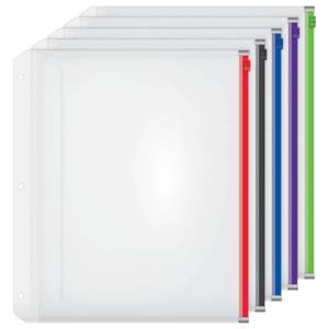 lot 29011 image: Cardinal Plastic Zippered Binder Pockets, 3 Hole Punched, Fits Full Letter Size 8 12 x 11 Sheets, Clear with Multicolor Zippers, 5 Pack (14650)
