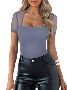 lot 29022 image: REORIA Womens Sexy Square Neck Short Sleeve Mesh Double Lined Slimming 2024 Trendy Going Out Bodysuits Tops Blue Medium