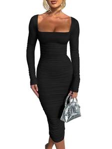 lot 29026 image: BEAGIMEG Womens Sexy Bodycon Long Sleeves Ruched Square Neck Party Club Midi Dress Black 8