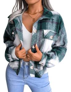 lot 29029 image: Gihuo Womens Fashion Cropped Shacket Button Down Corduroy Shacket Jackets Casual Plaid Long Sleeve Crop Shirts Jackets Tops (PlaidGreen L)