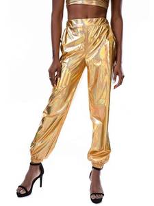 lot 29033 image: Zaxicht Womens Metallic Shiny Jogger Pants, Casual High Waisted Harem Pant Holographic Color Loose Hip Hop Trousers Streetwear (Gold, M)