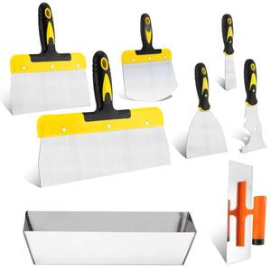 lot 29034 image: DEKEones Drywall Knife Set, 8 Pieces Stainless Steel Drywall Hand Tool Kit Includes Taping Knives, Putty Knives, Finishing Trowel, Mud Scoop and 12 Mud Pan with Ergonomic Handles for Drywall Work