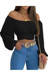 lot 29047 image: Woman Off Shoulder Ruched Tie Back Crop Top Summer Lantern Sleeve Boho Shirt Blouse M