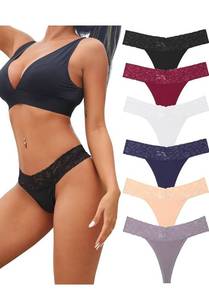 lot 29048 image: Knowyou 126 Pack Cotton Thongs for Women Sexy V waist Lace Women�s Underwear Breathable No Show T back Tanga Panties M